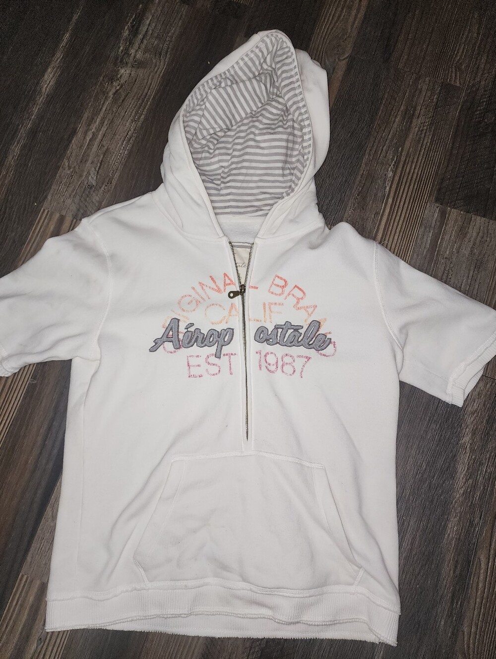 Vintage Aeropostale Hooded Full Zip Short Sleeve XL White Grunge Hip Hop Y2K